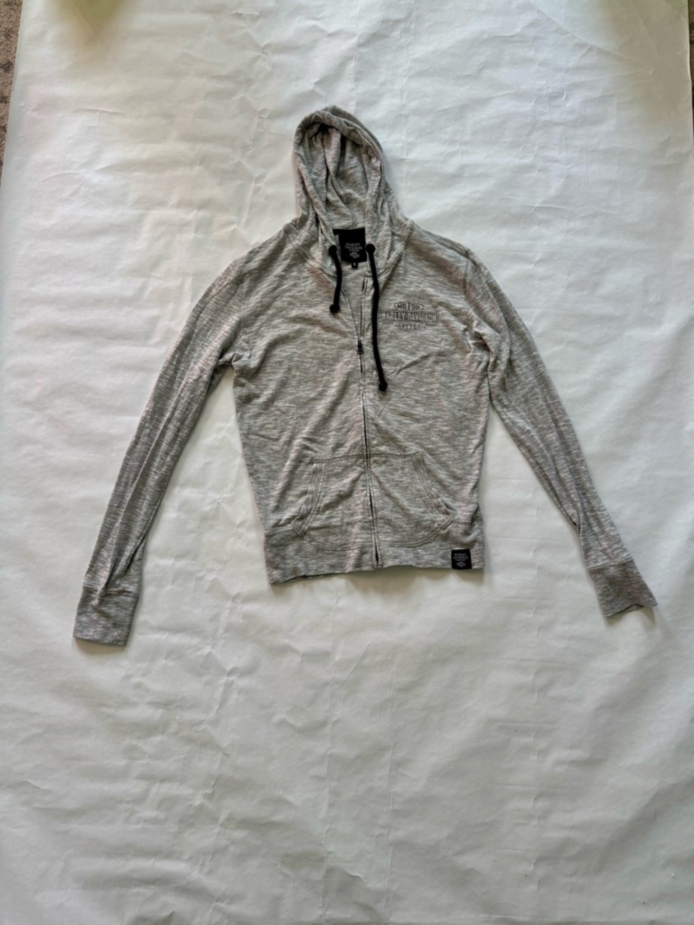 Harley-Davidson Gray Zip-Up Hoodie with Black Drawstrings